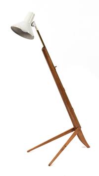 An Industrial Walnut and Brass Adjustable Floor Lamp, likely Danish Height 48 inches.