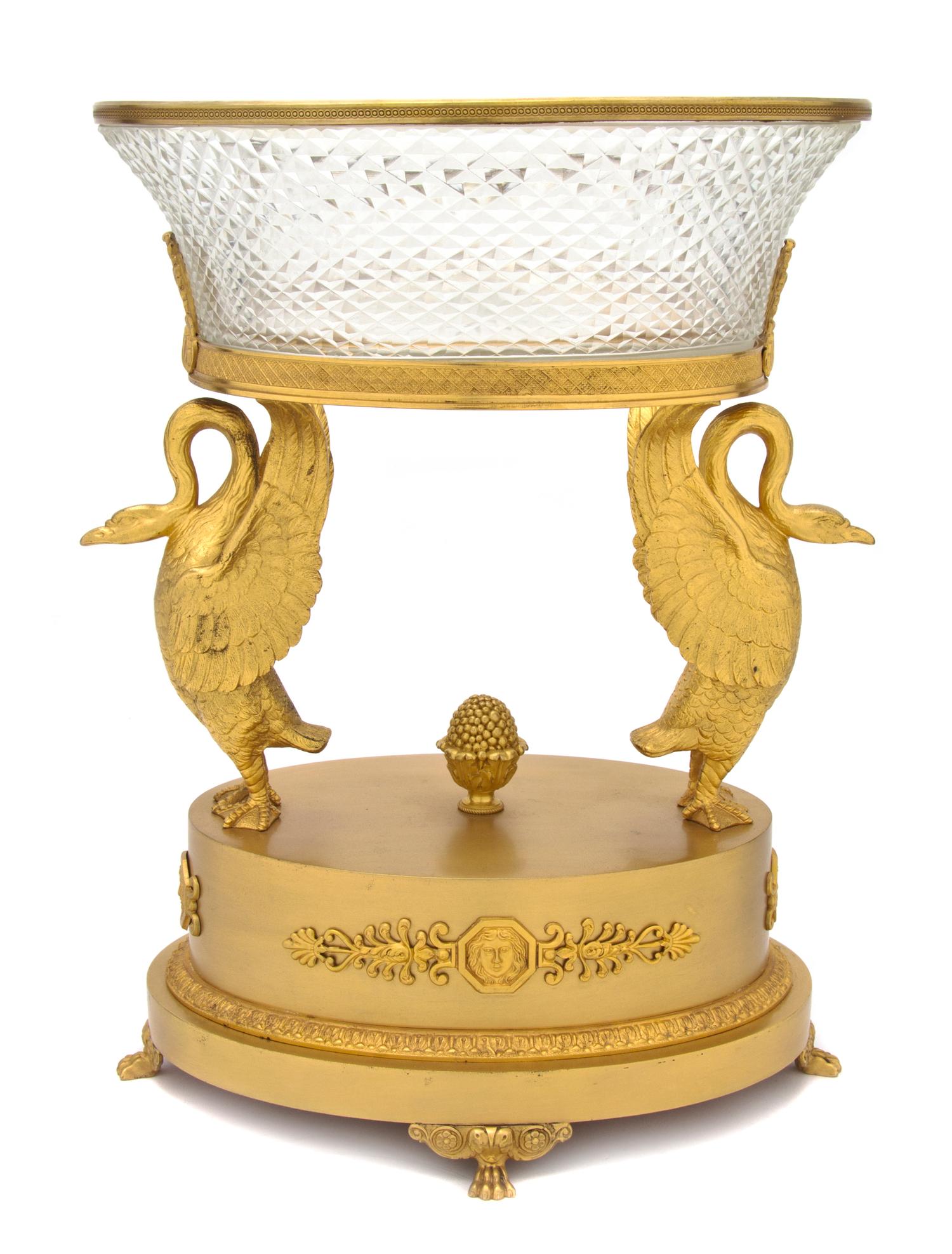 An Empire Style Gilt Bronze and Cut Glass Center Bowl, Height 11 3/4 inches.