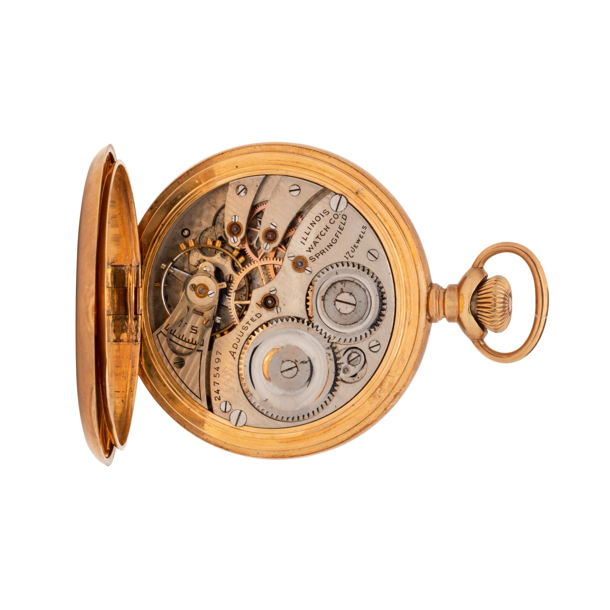 ILLINOIS WATCH CO., 14K YELLOW GOLD HUNTER CASE POCKET WATCH