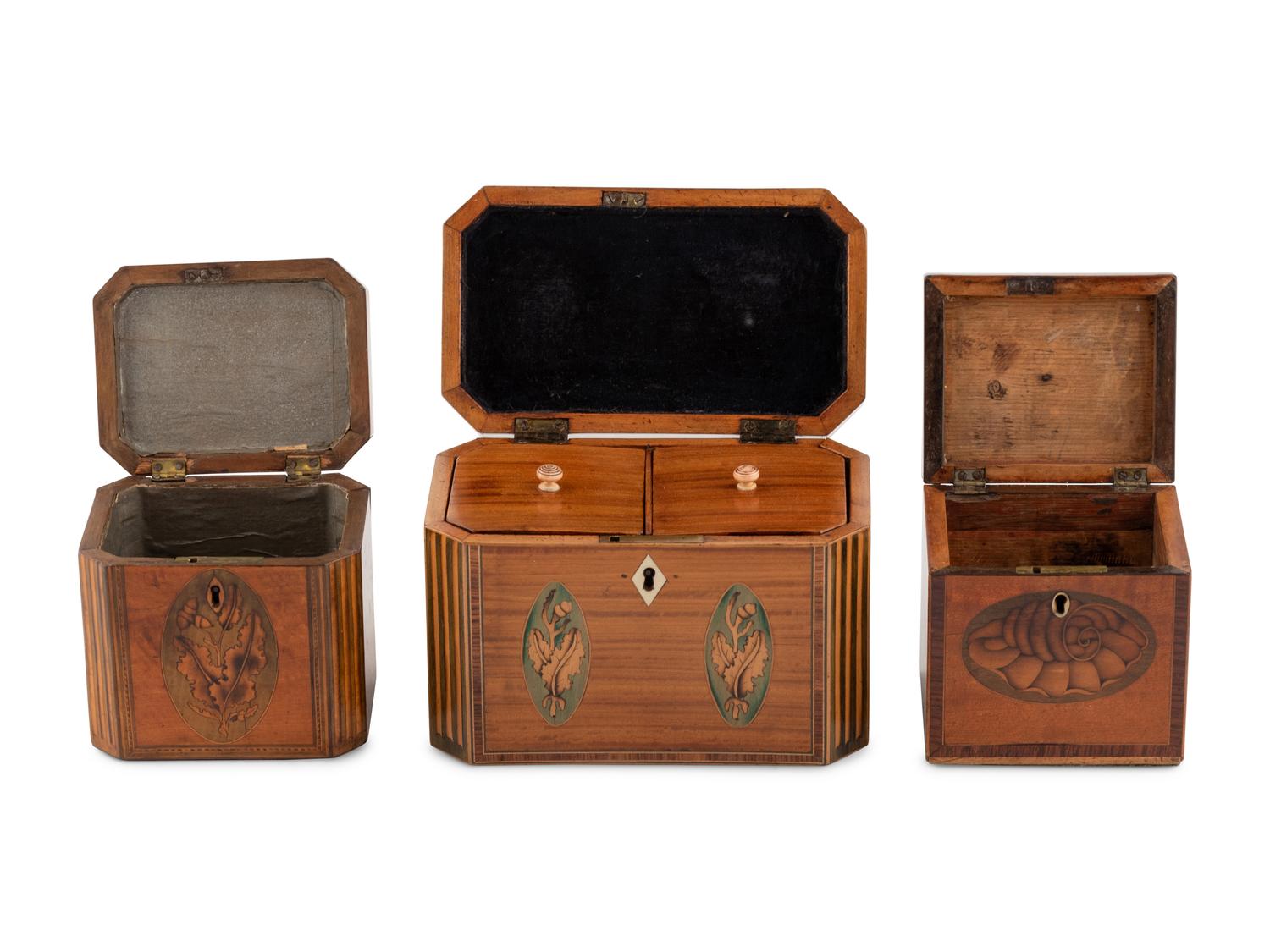 A Group of Three George III Harewood and Marquetry Tea Caddies