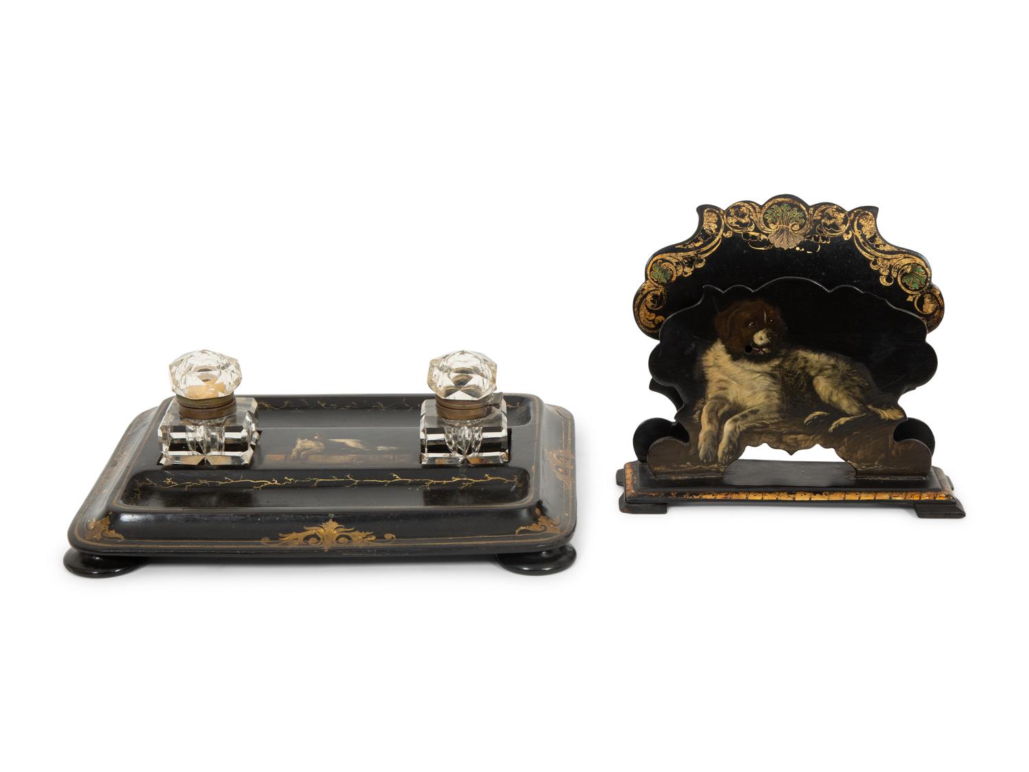 An English Black and Gilt Lacquered Papier Mache Standish and Letter Stand by Jennens and Bettridge