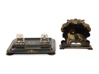An English Black and Gilt Lacquered Papier Mache Standish and Letter Stand by Jennens and Bettridge