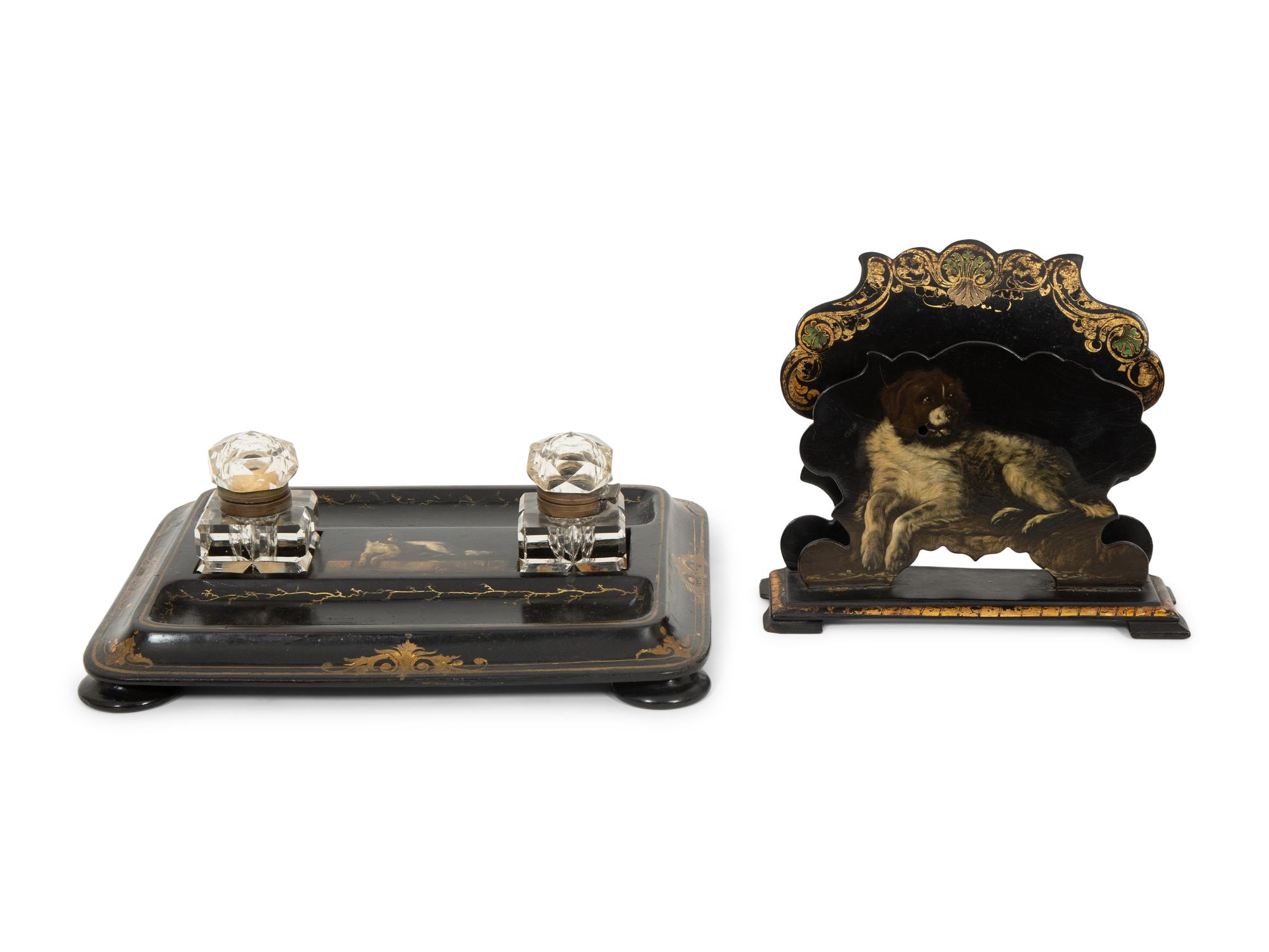 An English Black and Gilt Lacquered Papier Mache Standish and Letter Stand by Jennens and Bettridge