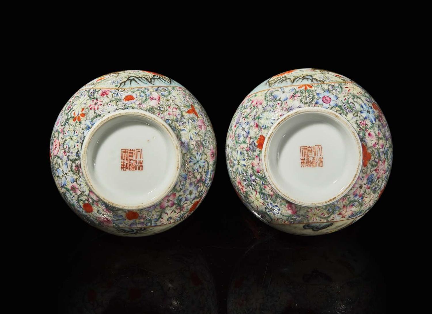 A pair of Chinese famille rose-decorated “Cockerel” vases, probably Republic period 粉彩錦雞瓶一對 或民國