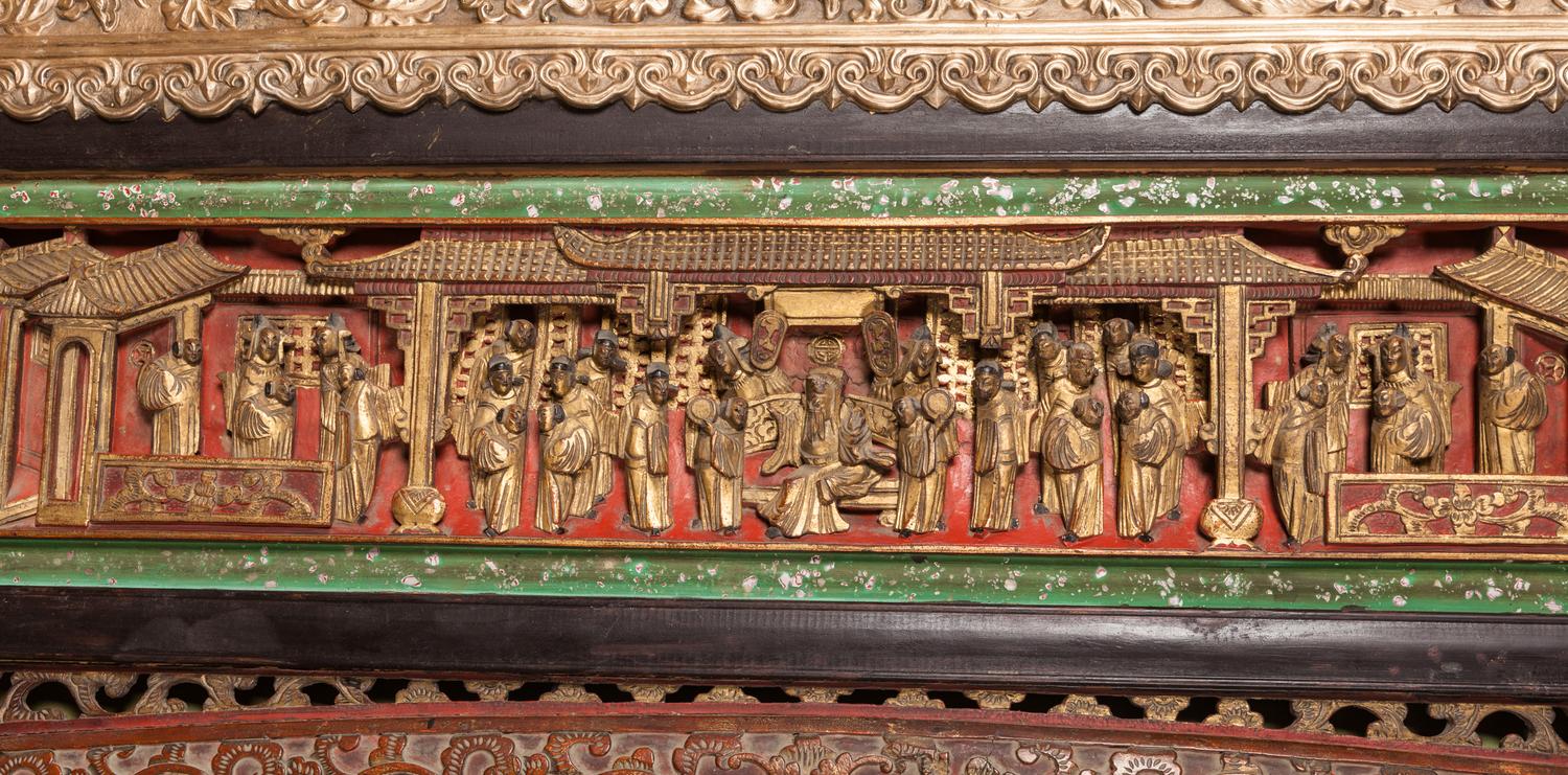 A Large Chinese Export Gilt Bronze-Framed Carved Lacquer and Hardstone Inlaid Wall Panel — 20TH CENTURY