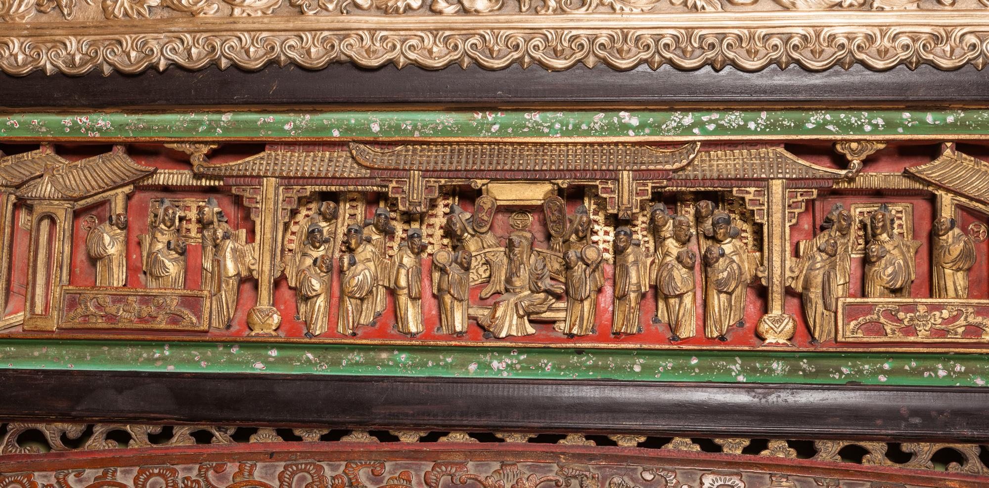 A Large Chinese Export Gilt Bronze-Framed Carved Lacquer and Hardstone Inlaid Wall Panel — 20TH CENTURY