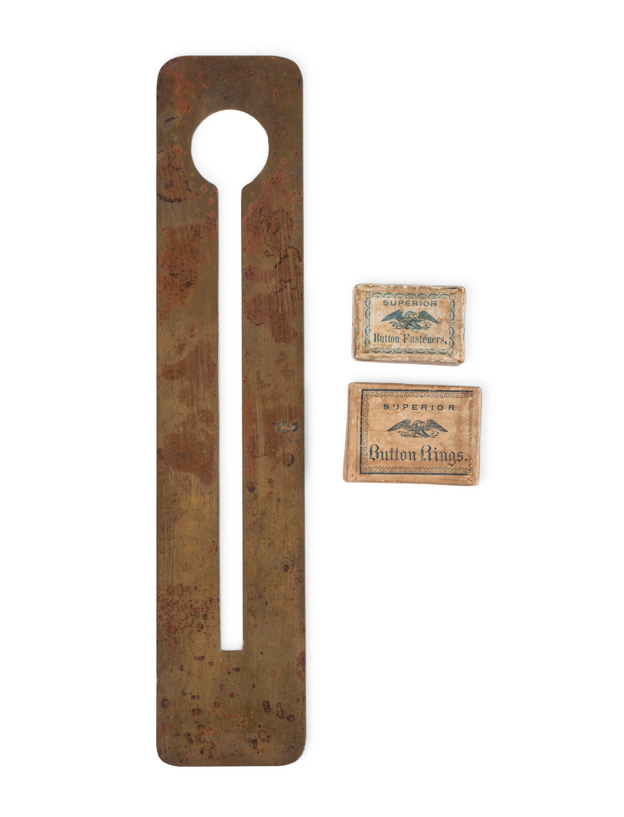 Civil War-period 1861 patent button polisher, button rings, fasteners, and buttons.