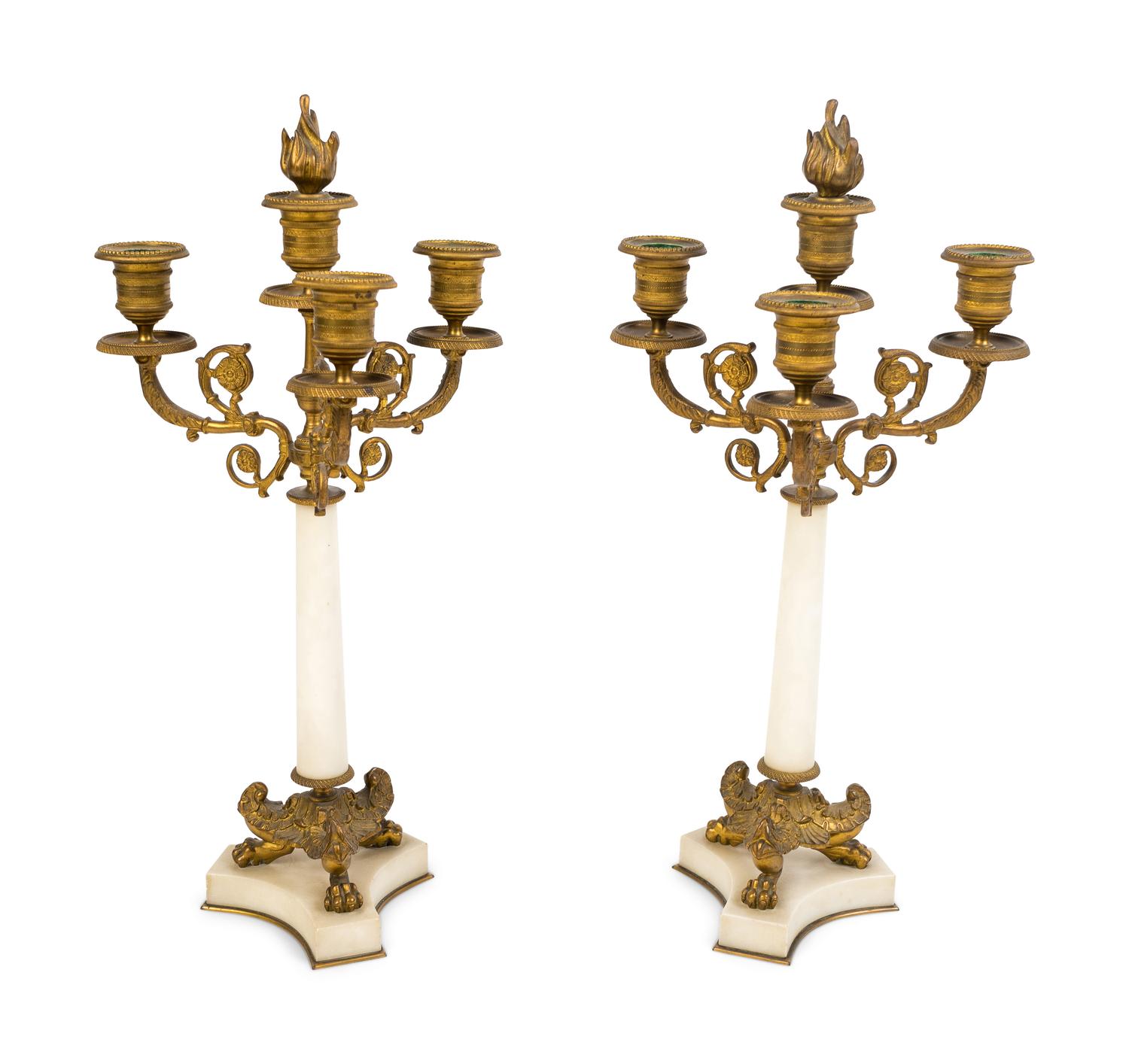 A Pair of Empire Style Gilt Bronze and Marble Four-Light Candelabra