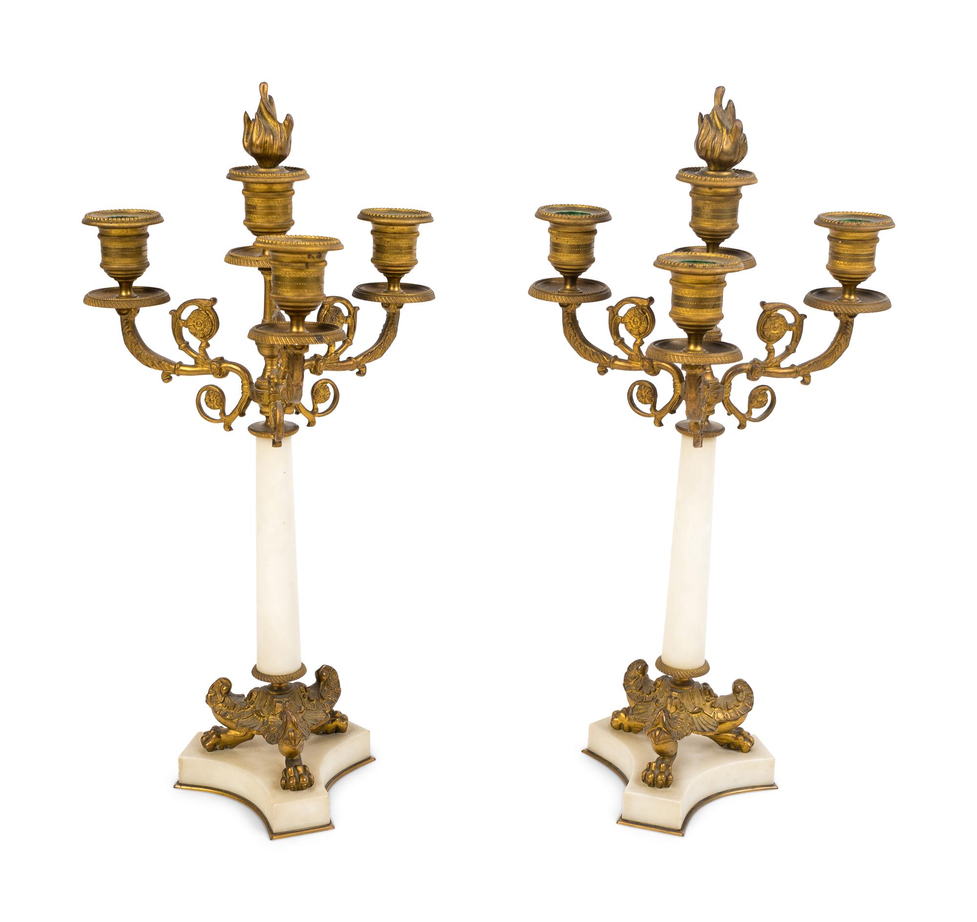 A Pair of Empire Style Gilt Bronze and Marble Four-Light Candelabra
