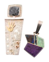 Zuni and Hopi Sterling Silver Inlaid Pendants, with Gold Accents