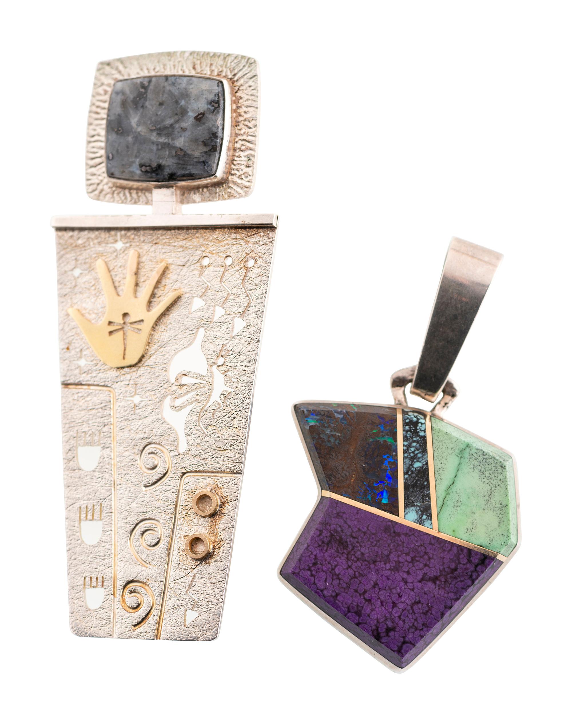 Zuni and Hopi Sterling Silver Inlaid Pendants, with Gold Accents