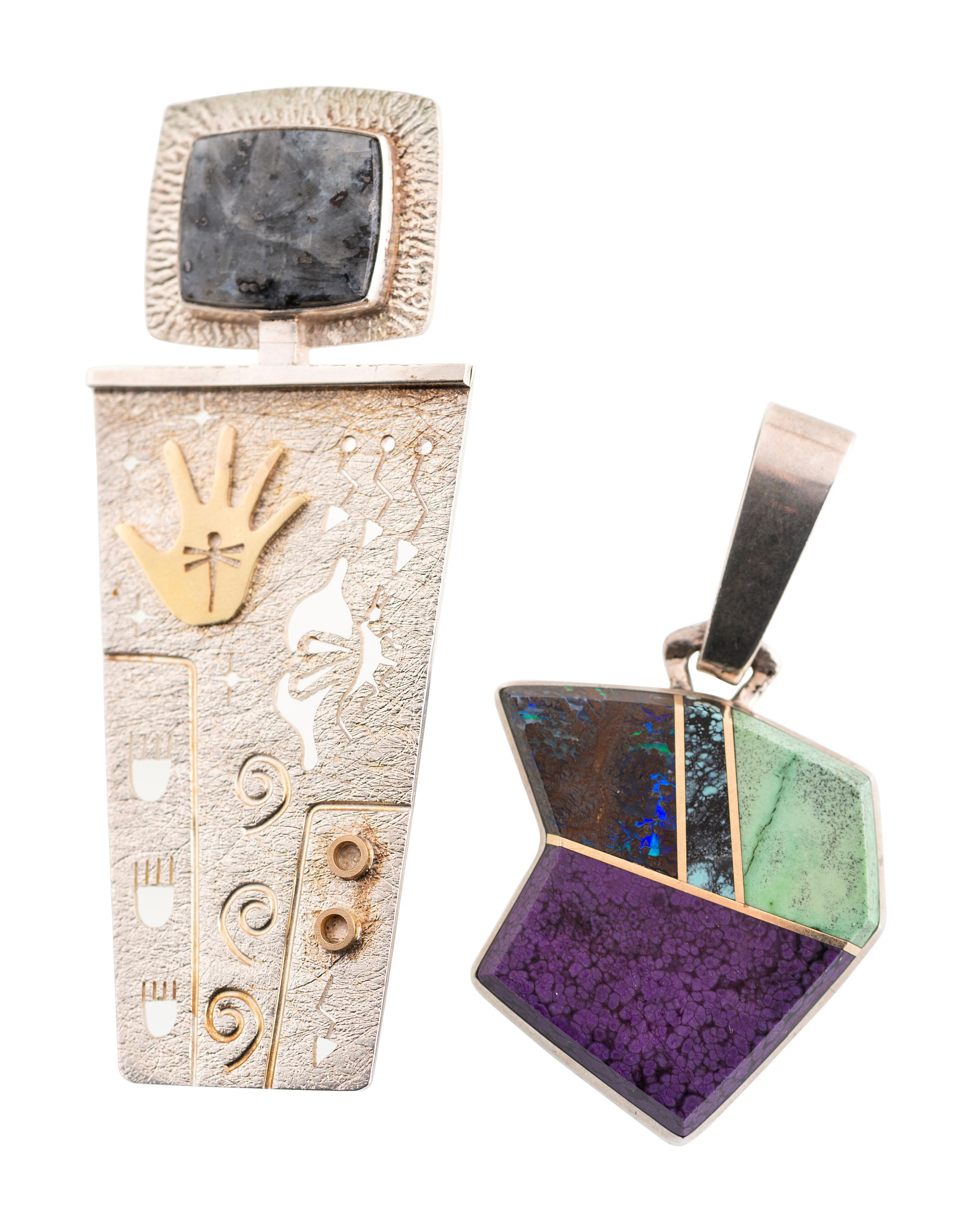 Zuni and Hopi Sterling Silver Inlaid Pendants, with Gold Accents