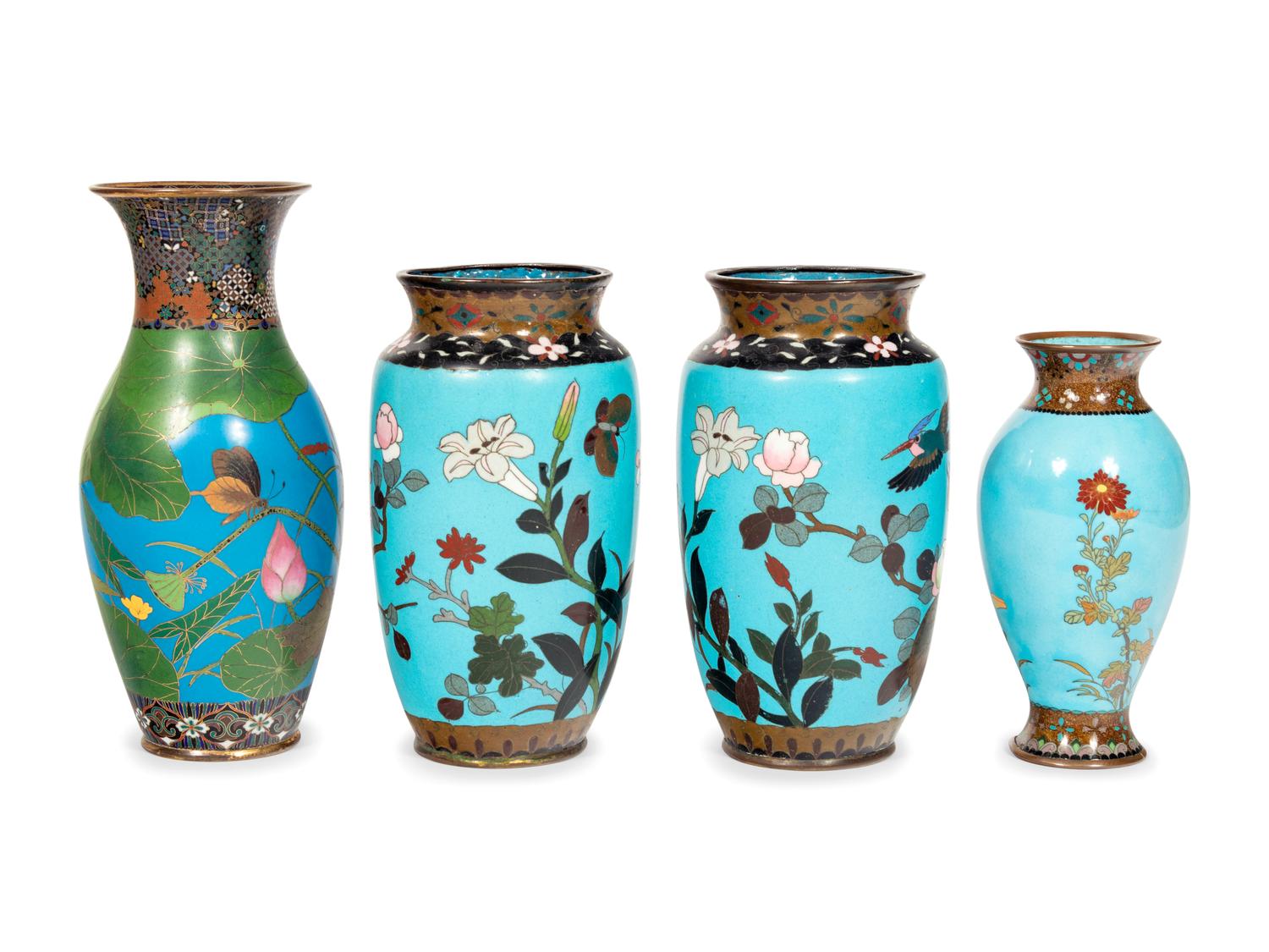Four Blue Ground Cloisonné Vases