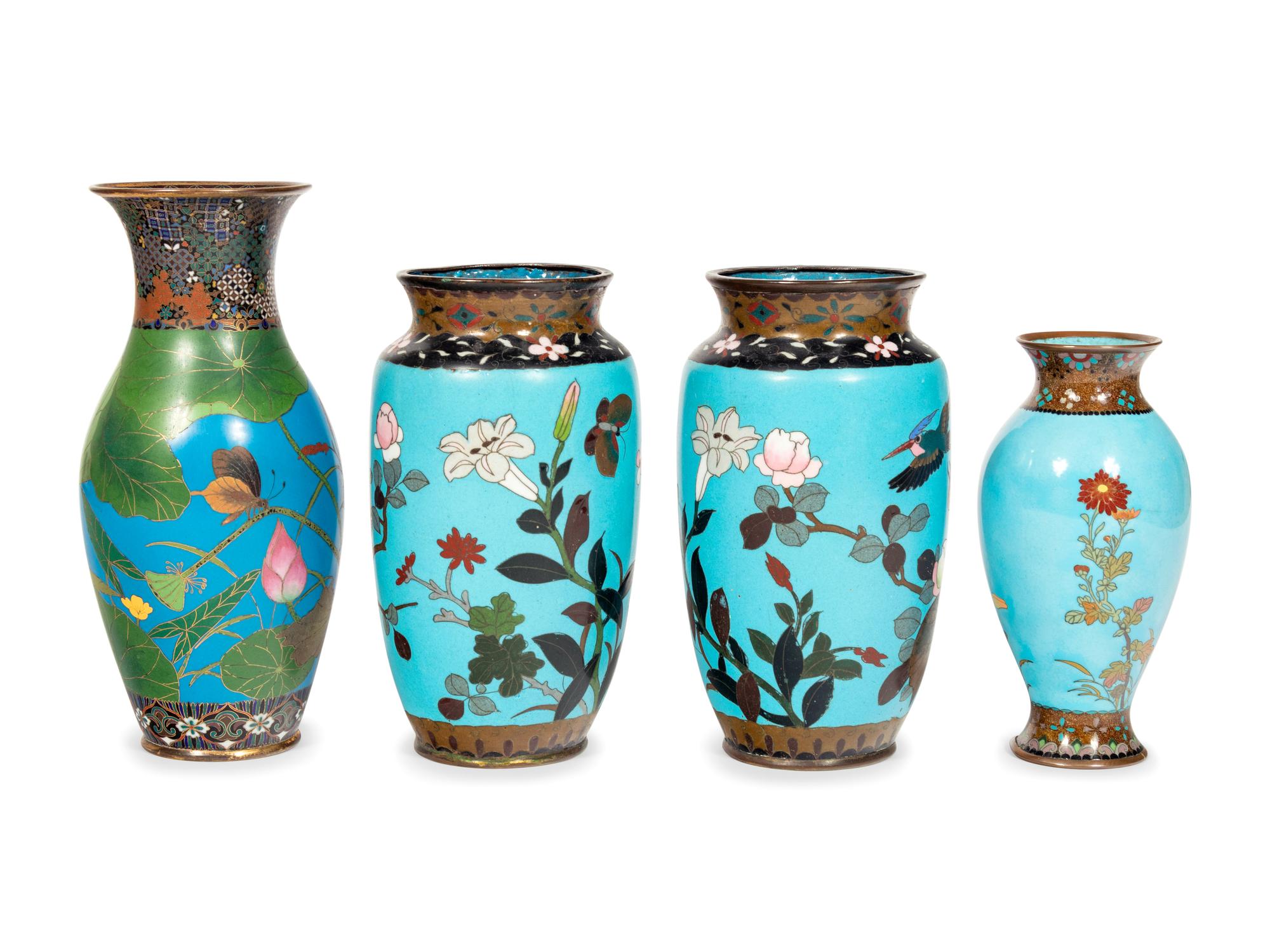 Four Blue Ground Cloisonné Vases