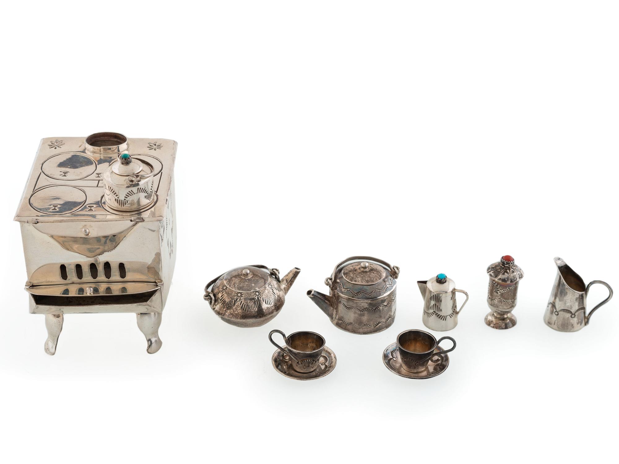 Navajo Sterling Silver Miniature Curio Stove and Tea Set