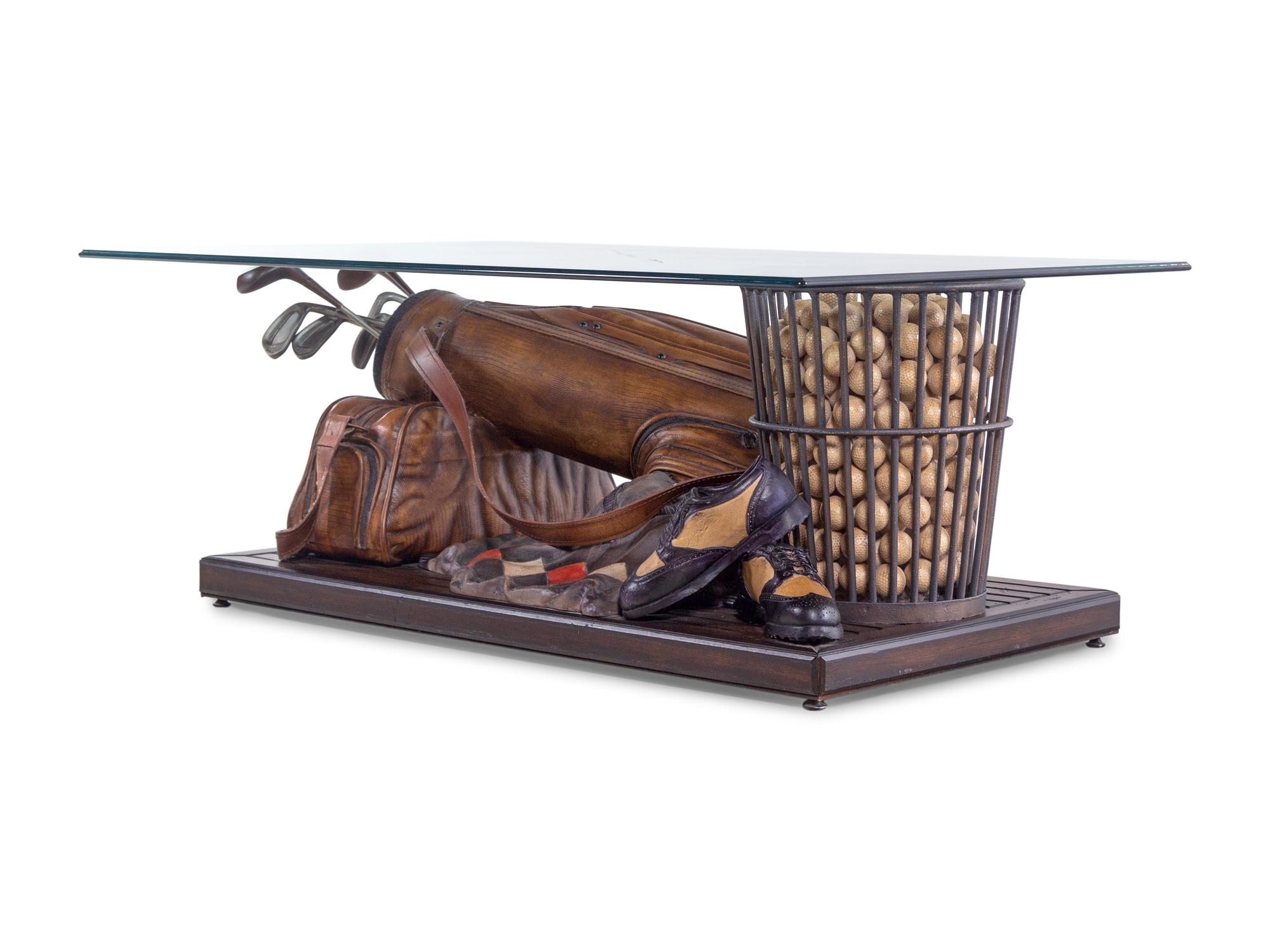 A Whimsical Golf-Themed Painted Resin, Metal and Leather Cocktail Table