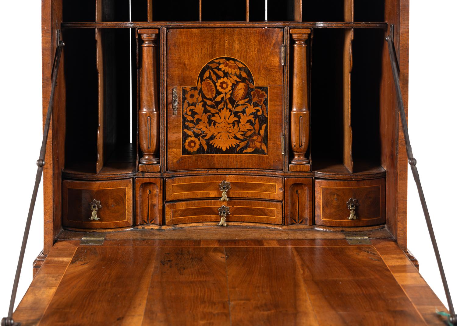 A William and Mary Style Oyster Walnut and Floral Marquetry Fall-Front Bureau