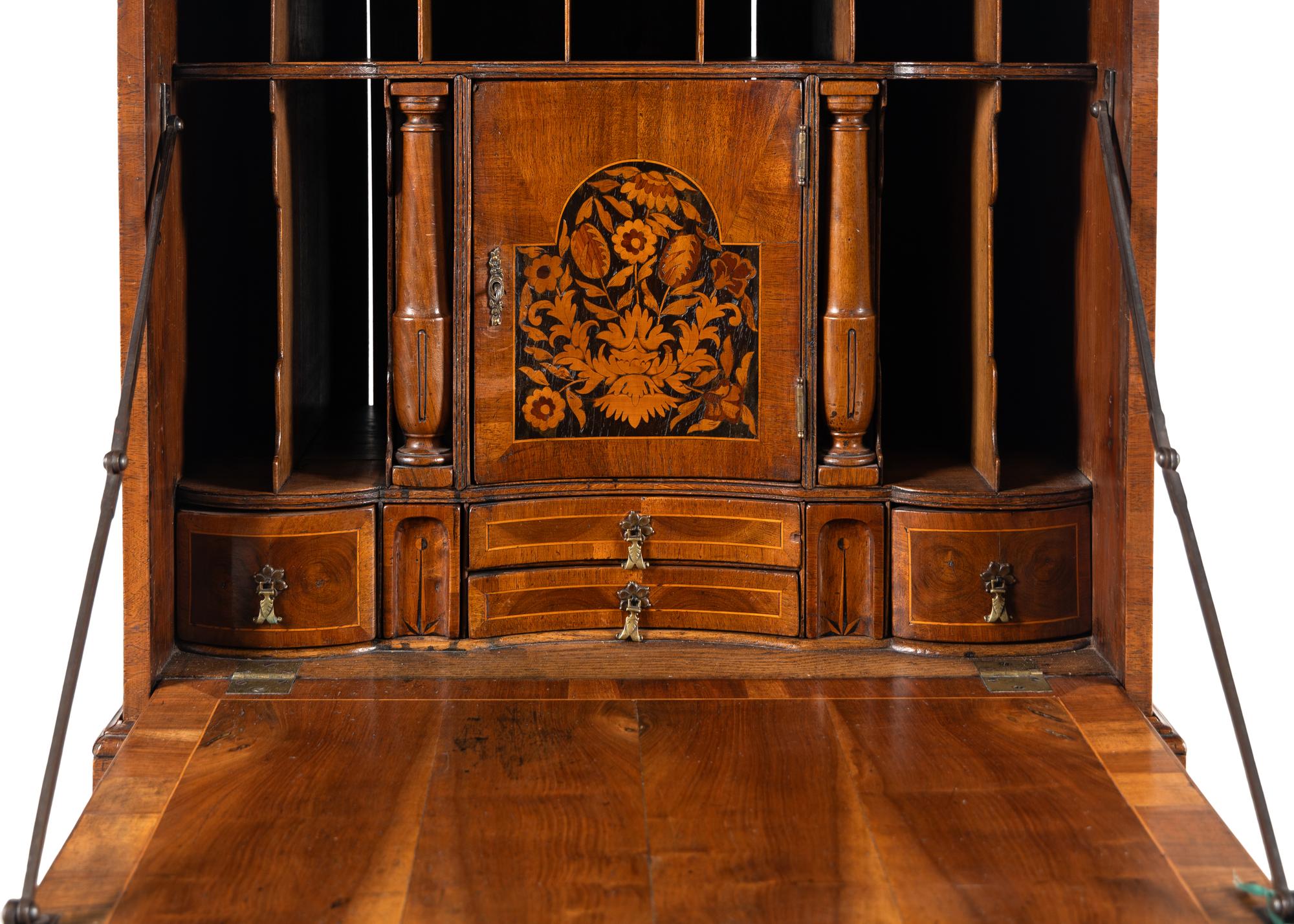 A William and Mary Style Oyster Walnut and Floral Marquetry Fall-Front Bureau