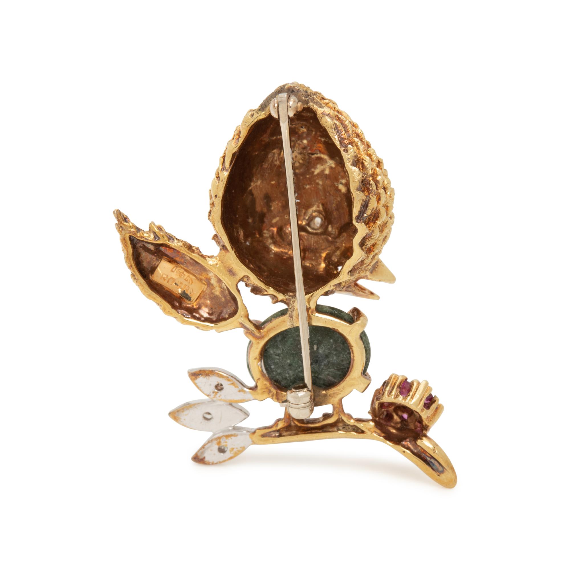 YELLOW GOLD, GEMSTONE AND DIAMOND BIRD BROOCH