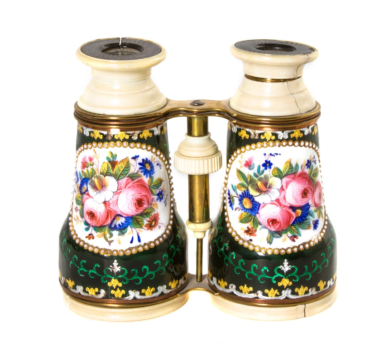 A Pair of French Enameled and Ivory Inset Binoculars, Width 4 3/4 inches.