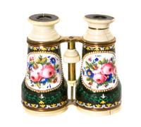 A Pair of French Enameled and Ivory Inset Binoculars, Width 4 3/4 inches.