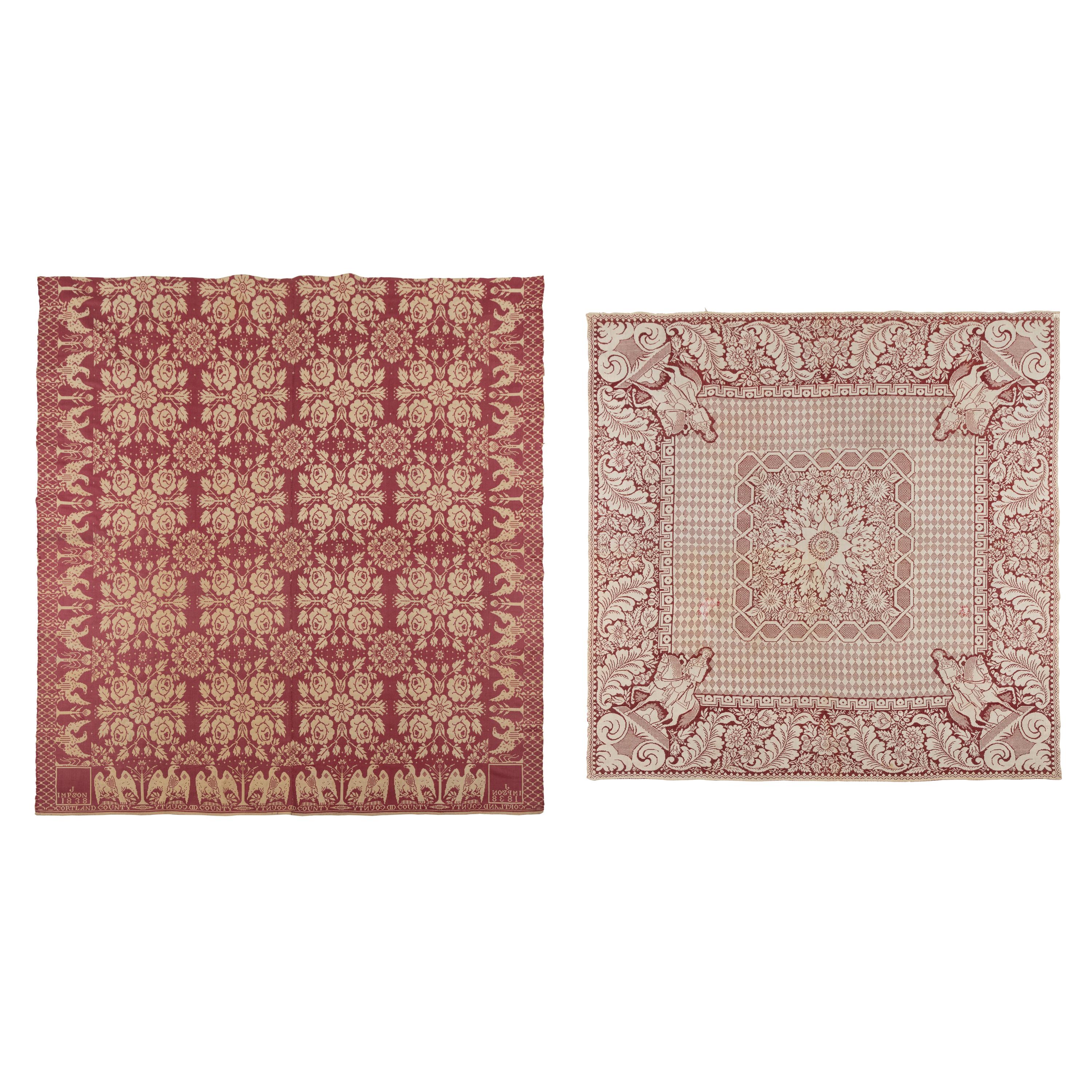 Two Jacquard Woven Cotton and Wool Coverlets
