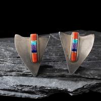 Charles Loloma (Hopi, 1921-1991) — Silver and Multi-stone Inlay Shield Clip Earrings