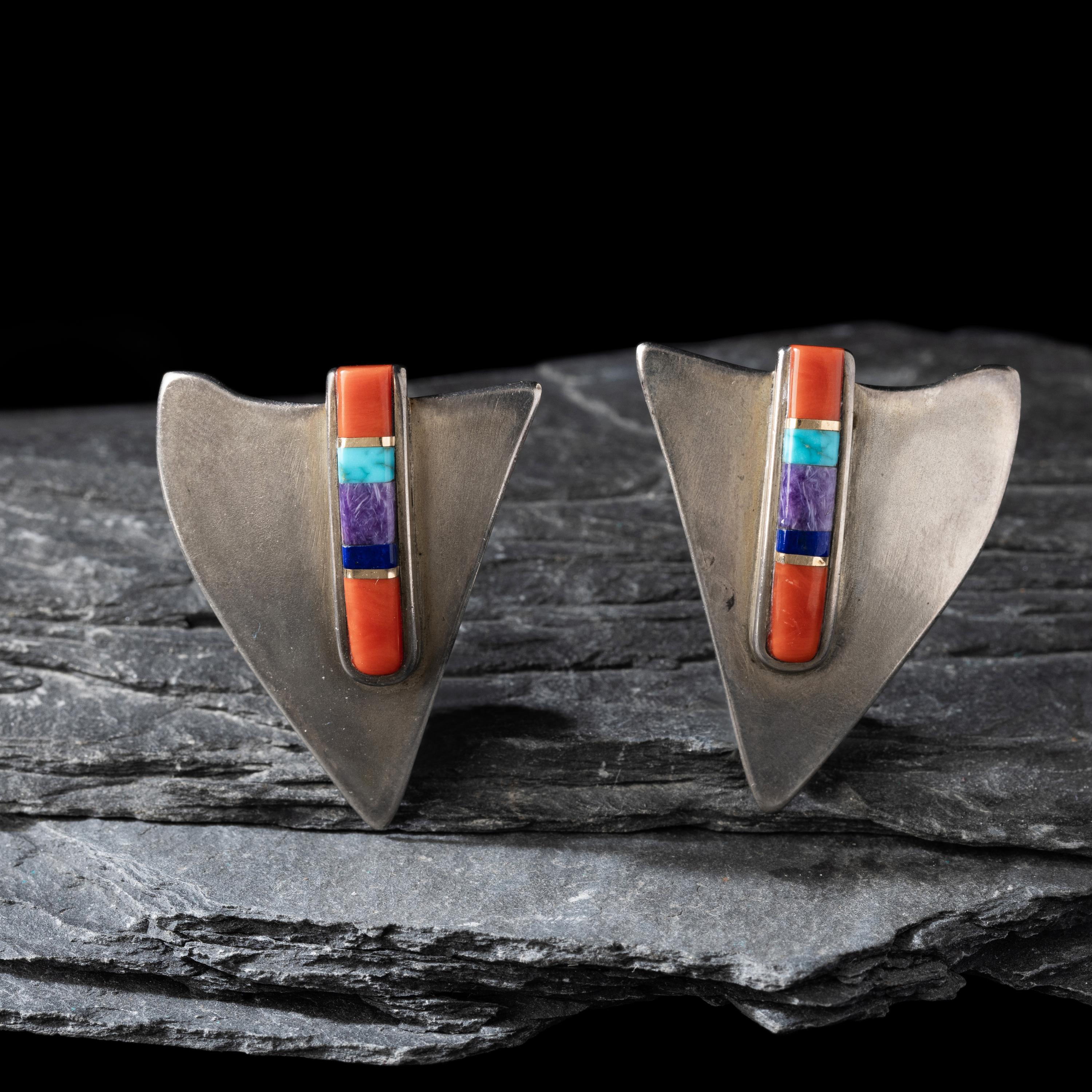 Charles Loloma (Hopi, 1921-1991) — Silver and Multi-stone Inlay Shield Clip Earrings