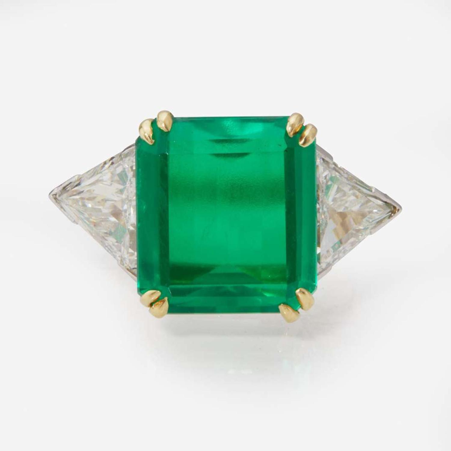 A 14K Gold, Green Glass, and Diamond Ring