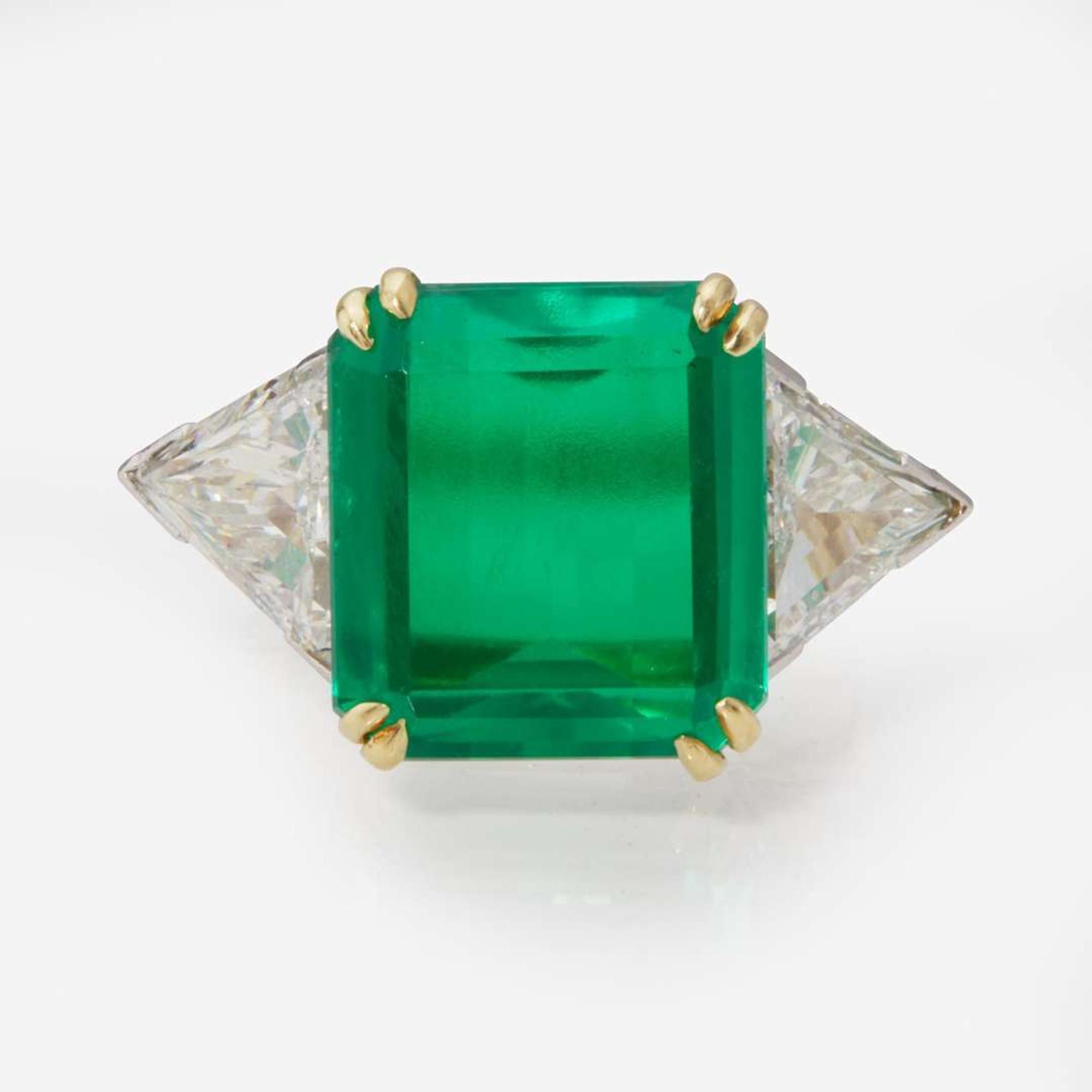 A 14K Gold, Green Glass, and Diamond Ring