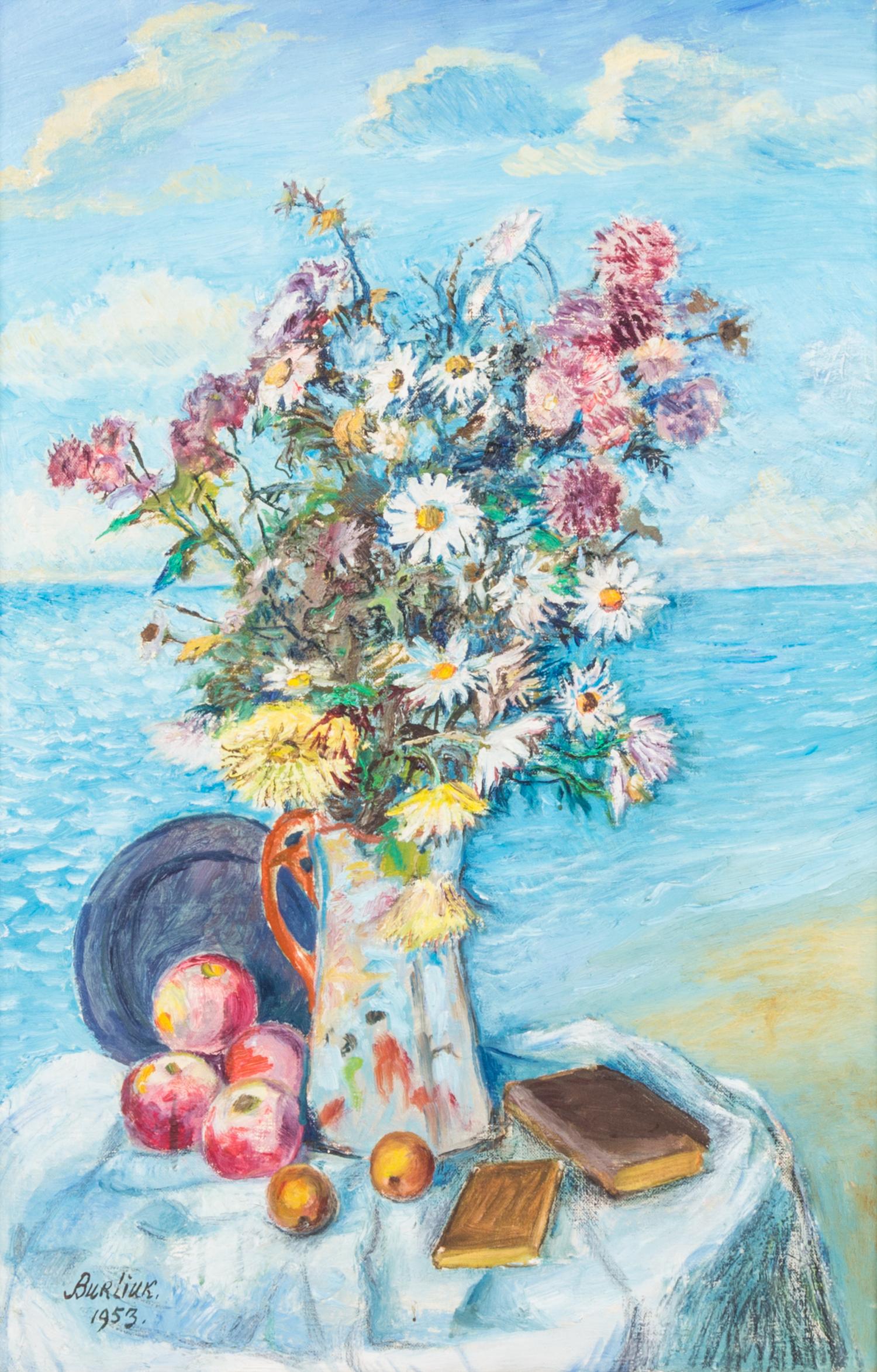 David Davidovich Burliuk, (American/Ukranian, 1882-1967), Still Life with Flowers on the Shore, 1953