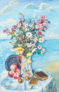 David Davidovich Burliuk, (American/Ukranian, 1882-1967), Still Life with Flowers on the Shore, 1953