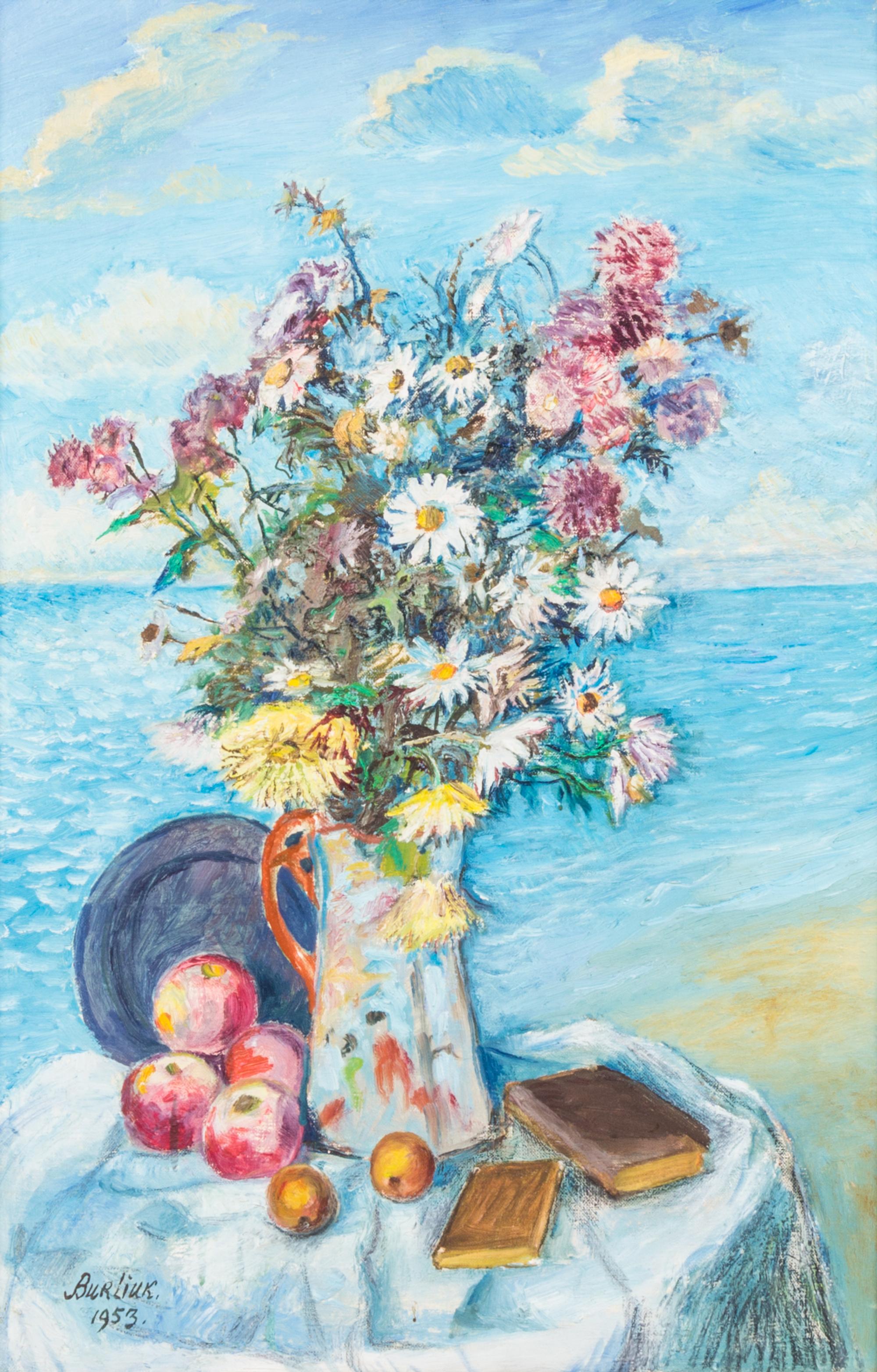 David Davidovich Burliuk, (American/Ukranian, 1882-1967), Still Life with Flowers on the Shore, 1953
