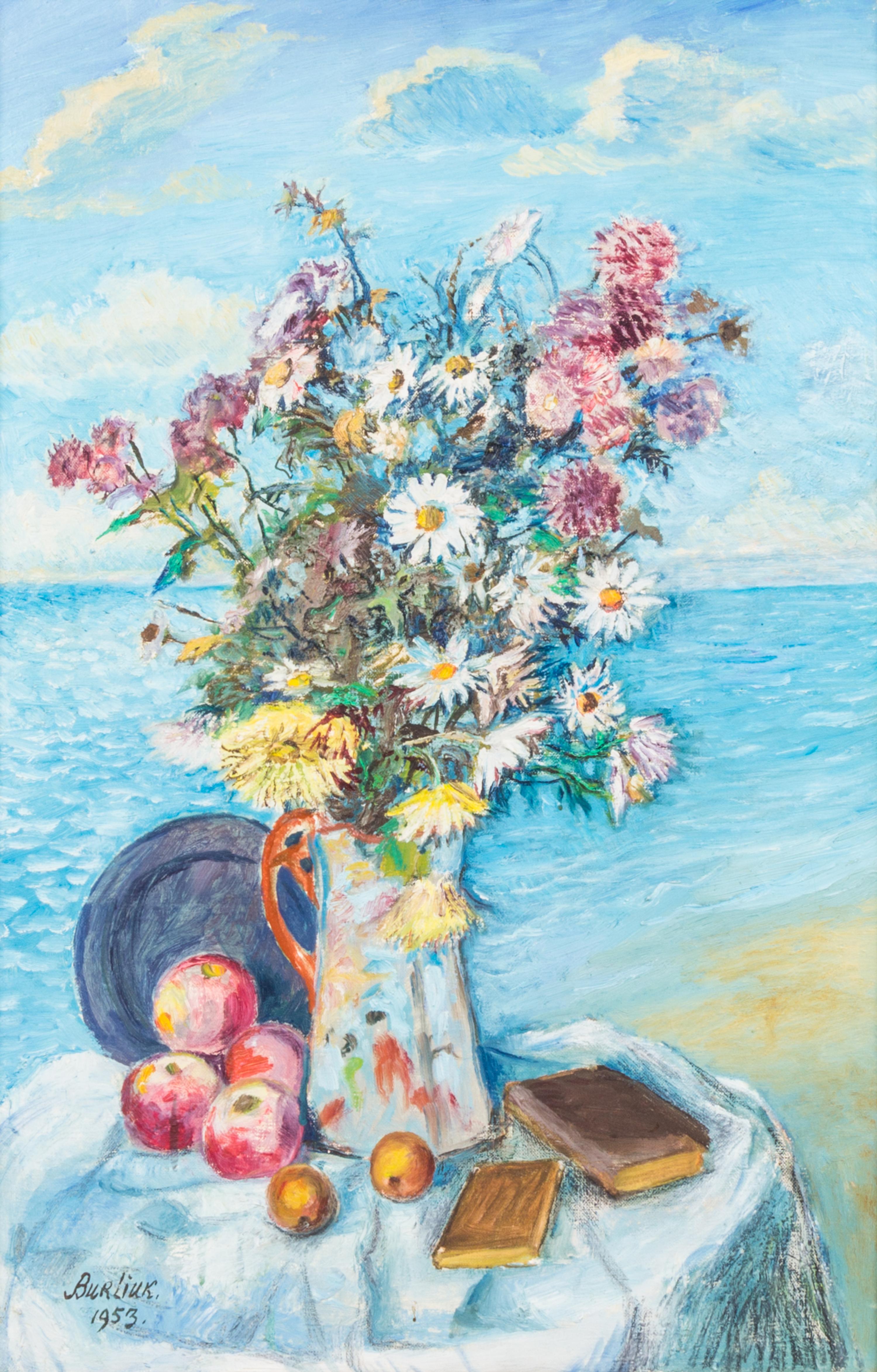 David Davidovich Burliuk, (American/Ukranian, 1882-1967), Still Life with Flowers on the Shore, 1953