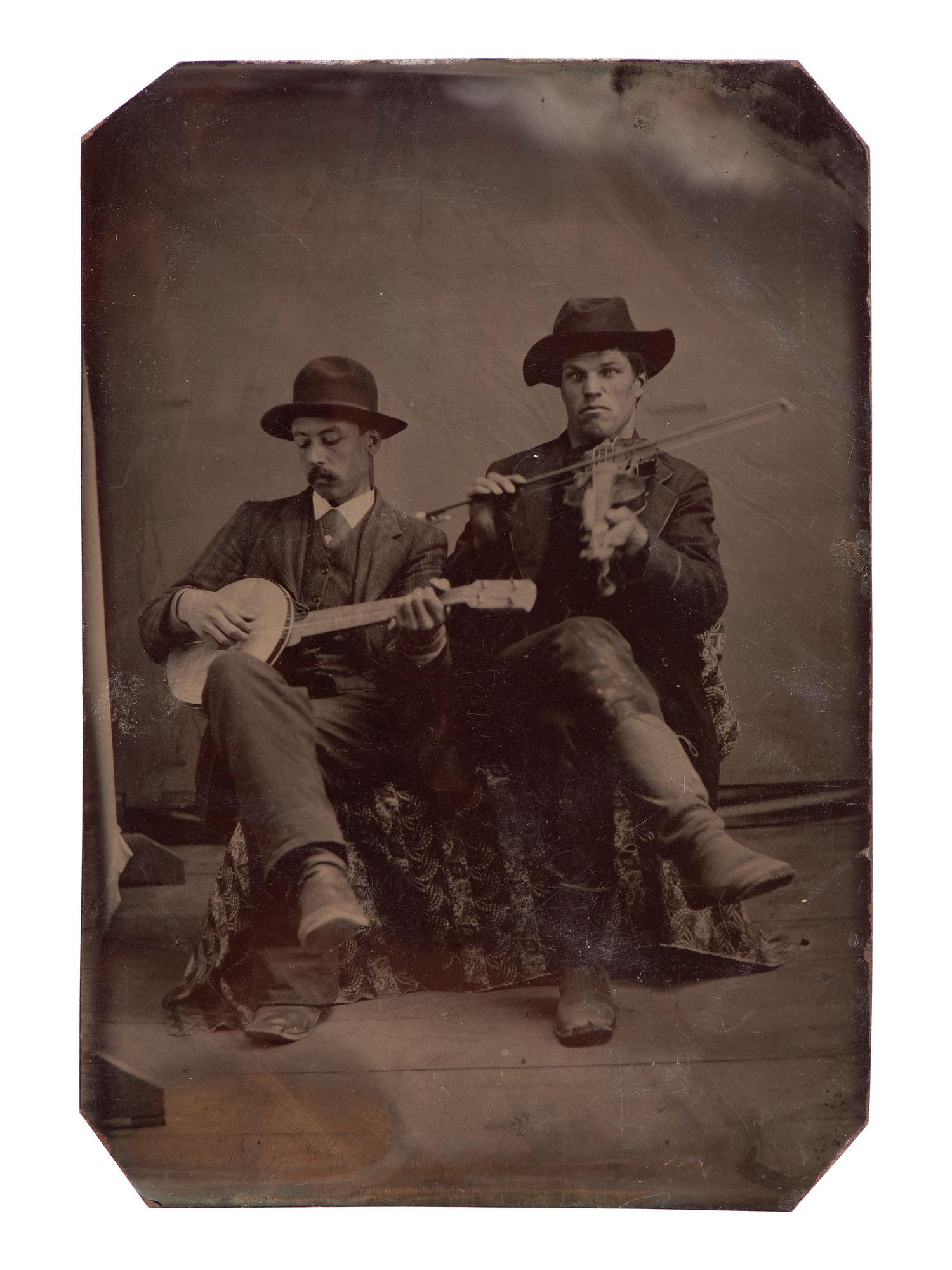[WESTERN AMERICANA] 5 tintypes of occupational subjects, incl. a blacksmith, musicians, and cowboys