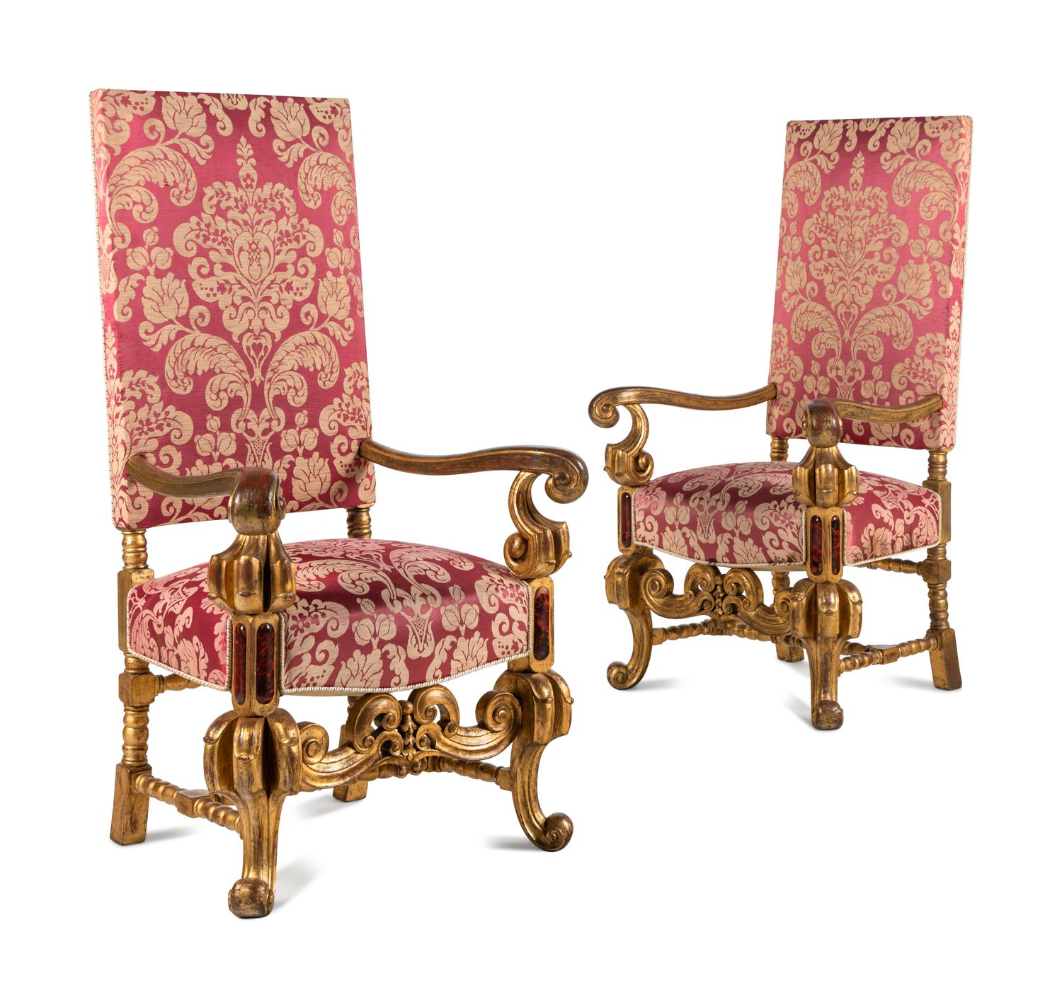 A Pair of Louis XIV Style Parcel Gilt Fauteuils