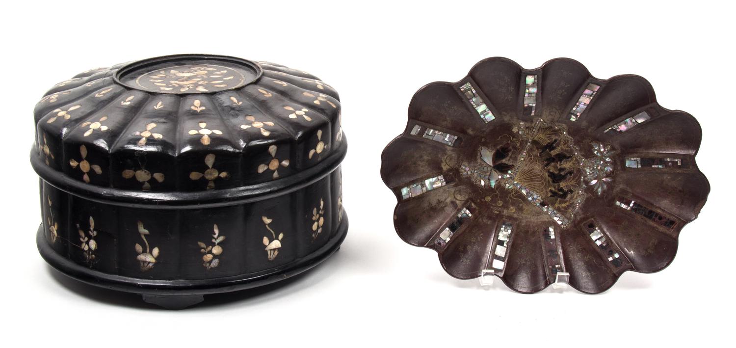 Two Chinese Mother-of-Pearl Inlaid Articles Height of first 8 1/2 x diameter 14 inches.