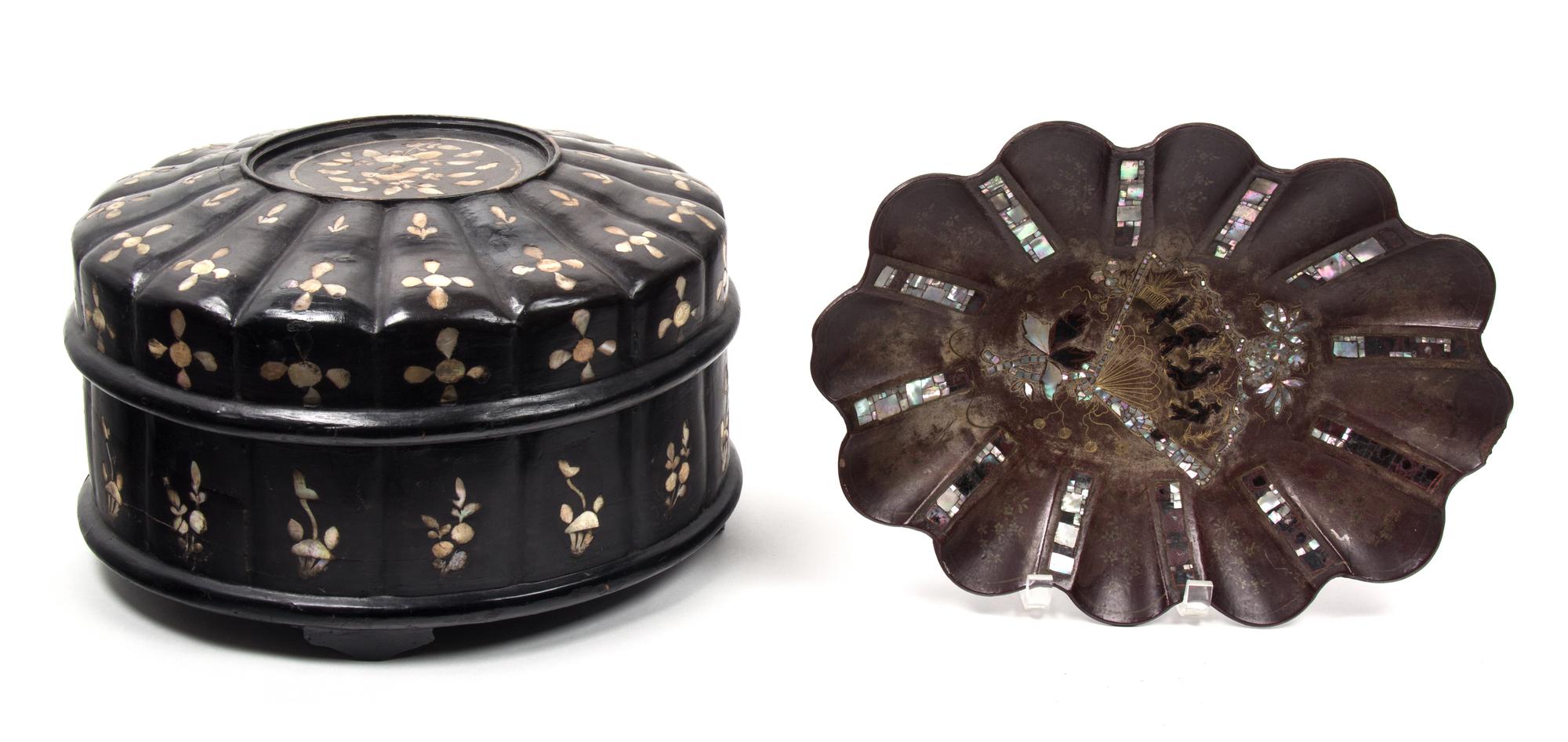 Two Chinese Mother-of-Pearl Inlaid Articles Height of first 8 1/2 x diameter 14 inches.