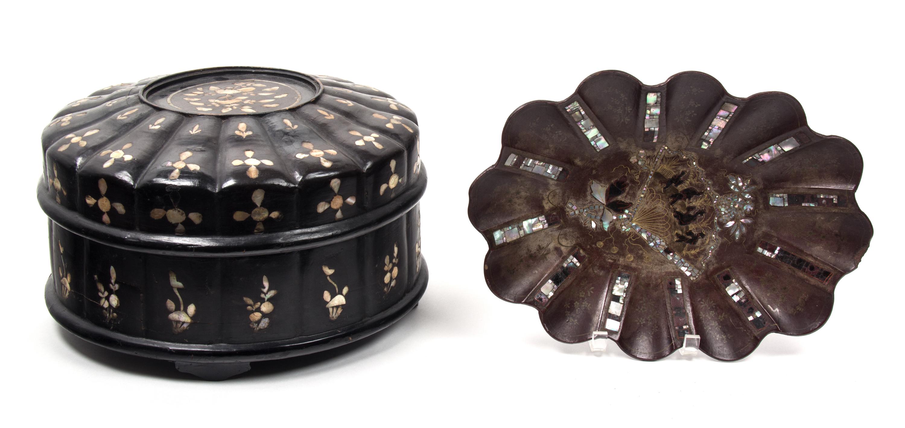 Two Chinese Mother-of-Pearl Inlaid Articles Height of first 8 1/2 x diameter 14 inches.