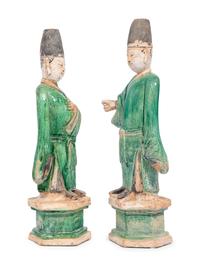 Two Chinese Green Glazed Pottery Figures of Attendants