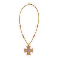 Yellow Gold and Pink Enamel Cross Pendant Necklace