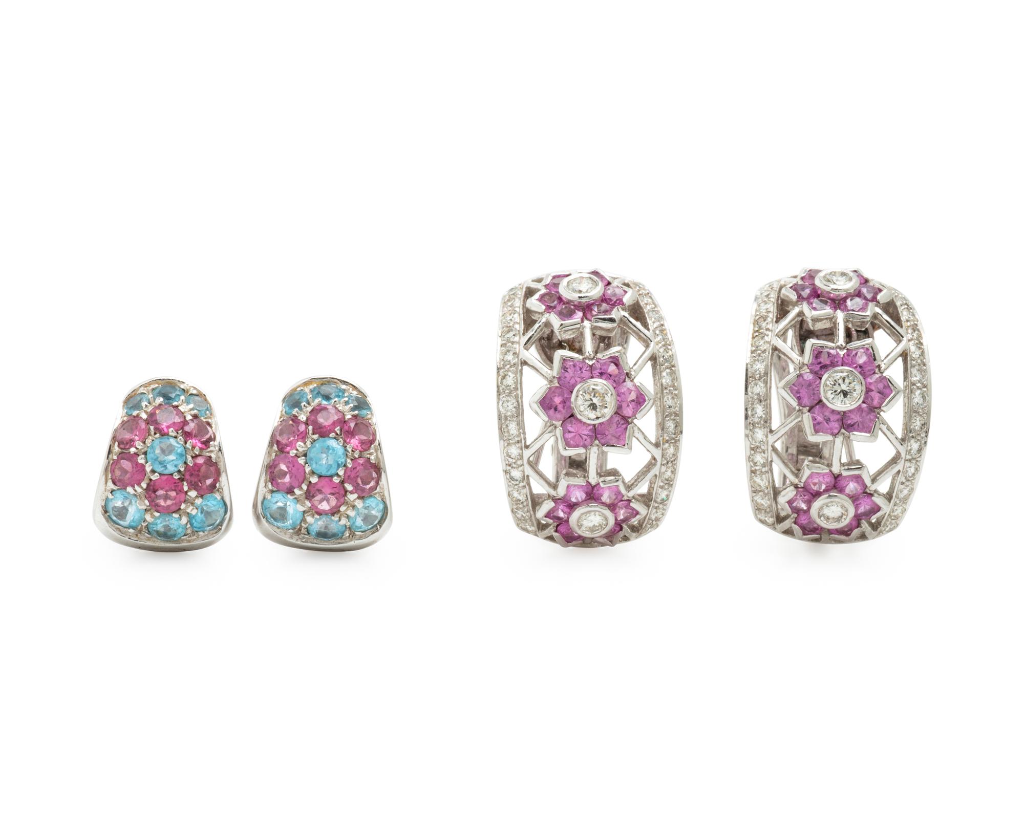 Two Pairs of White Gold and Multigem Earrings
