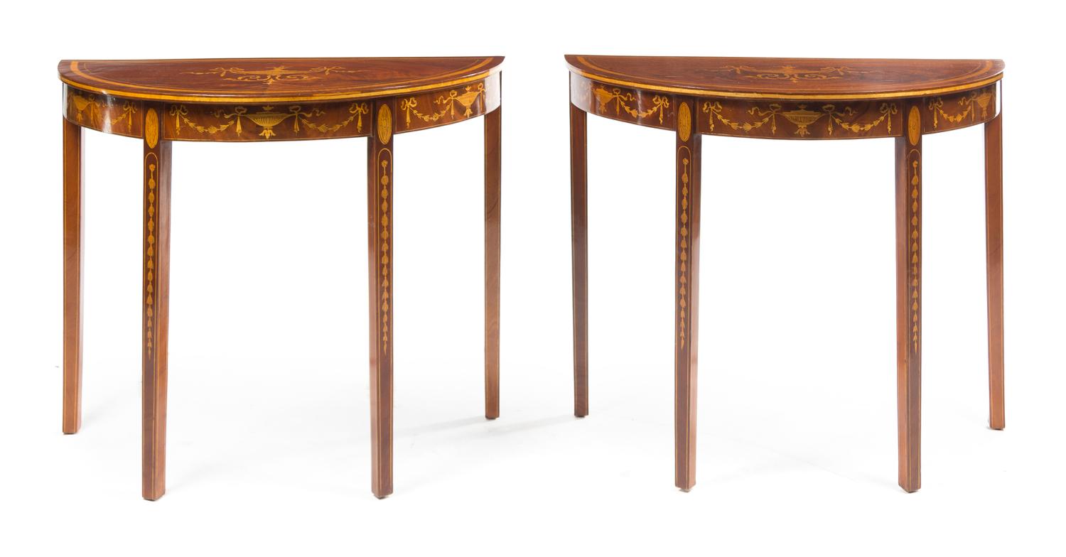 A Pair of Edwardian Style Marquetry Console Tables Height 29 x width 35 3/4 x depth 17 3/4 inches. — 20TH CENTURY