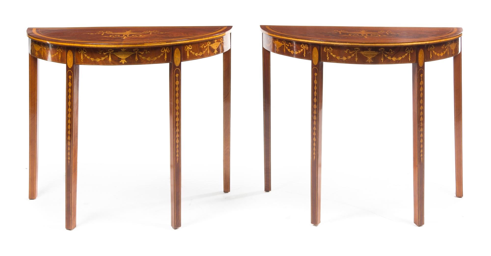 A Pair of Edwardian Style Marquetry Console Tables Height 29 x width 35 3/4 x depth 17 3/4 inches. — 20TH CENTURY