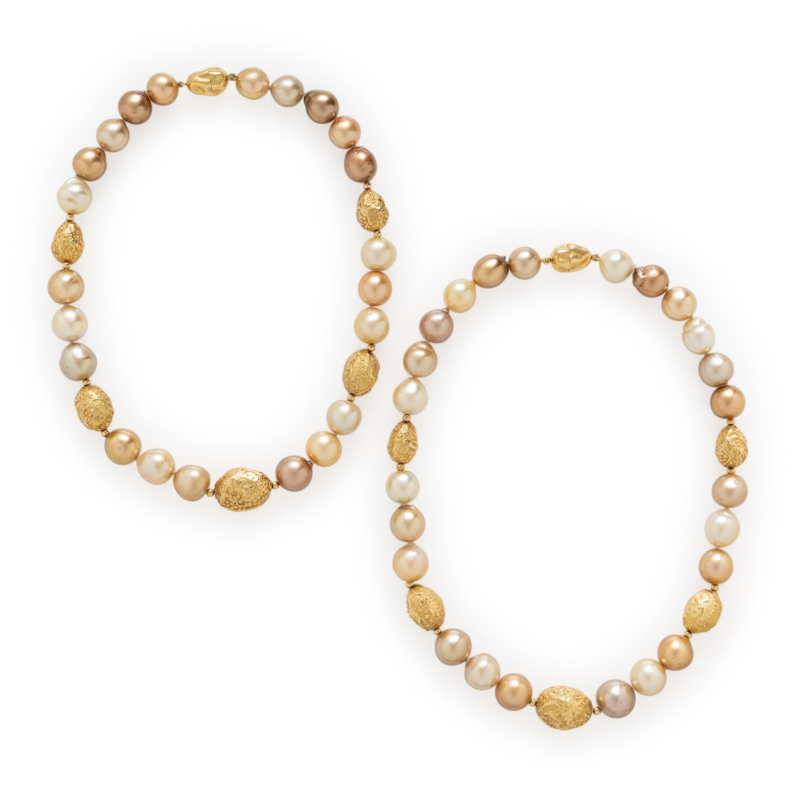 Yvel, Pair of Convertible Semi-Baroque Golden Cultured Pearl and Yellow Gold Necklaces