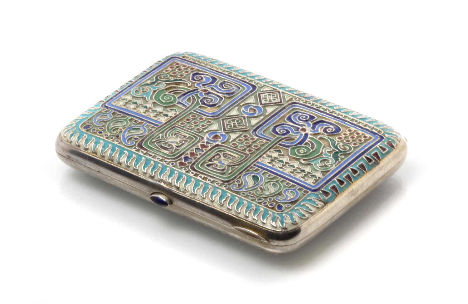A Russian Enameled Silver Cigarette Case, Maker's mark Cyrillic ViK, Moscow, the case decorated with geometric and abstracted foliate e