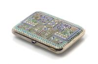 A Russian Enameled Silver Cigarette Case, Maker's mark Cyrillic ViK, Moscow, the case decorated with geometric and abstracted foliate e