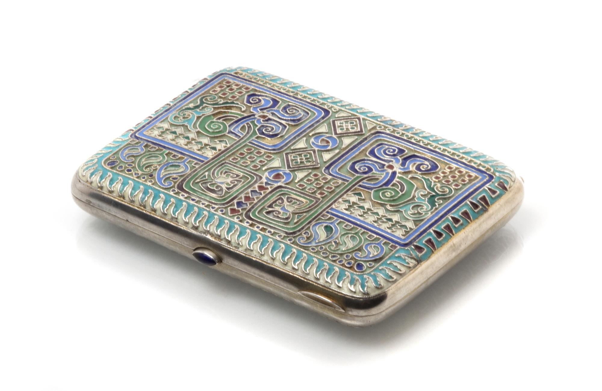 A Russian Enameled Silver Cigarette Case, Maker's mark Cyrillic ViK, Moscow, the case decorated with geometric and abstracted foliate e