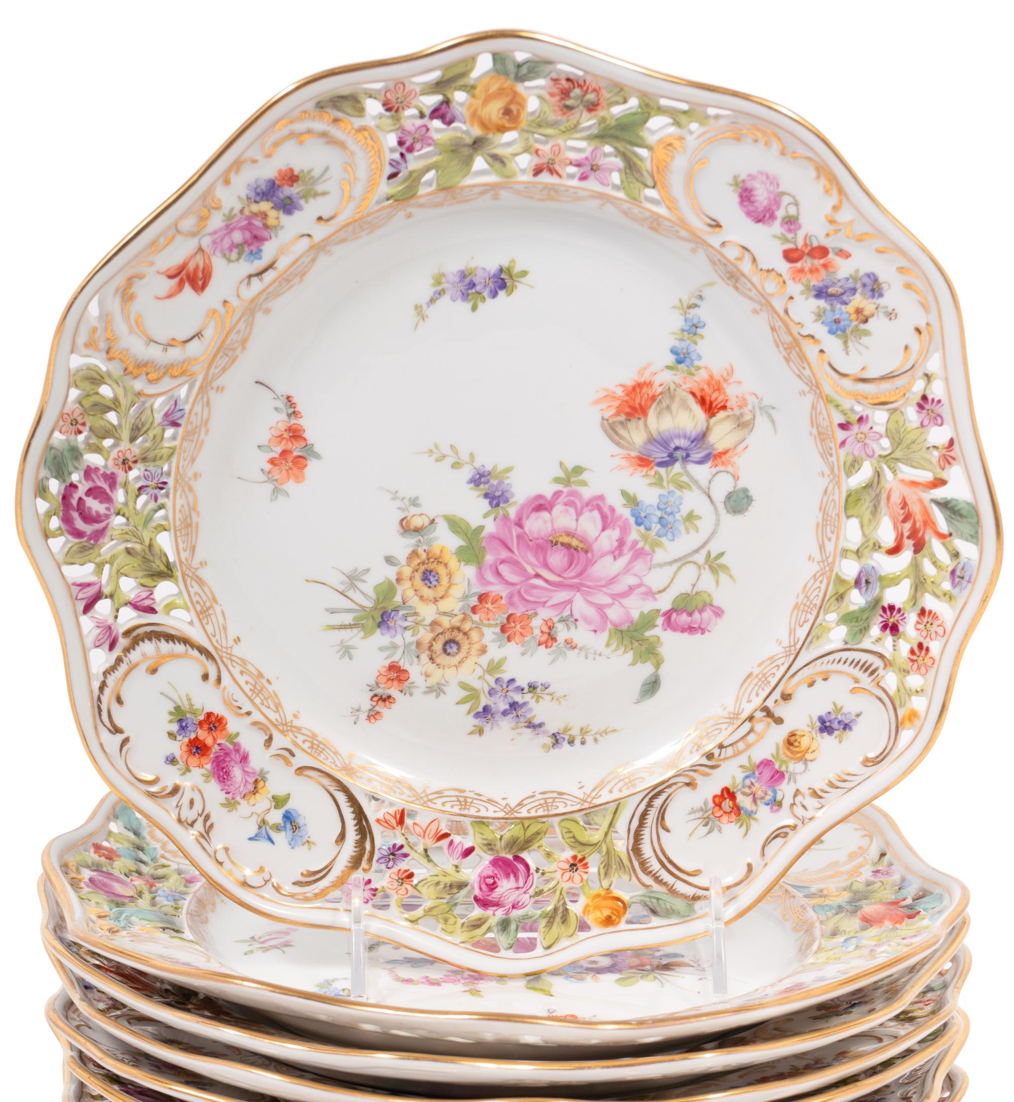 A Set of Twelve Dresden Hand-Painted Porcelain Plates