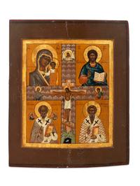 Russian Icon: The Mother of God Kazan, Christ Pantocrator, St. Nicholas and St. Kharlamsky — EARLY 19TH CENTURY